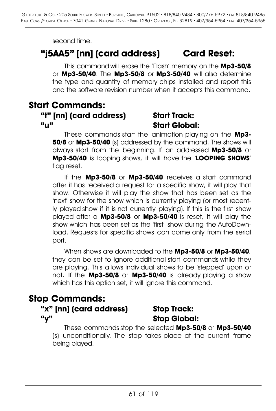 J5aa5” [nn] (card address) card reset, Start commands, Stop commands | X” [nn] (card address) stop track: “y” stop global, Second time | Gilderfluke&Co Mp3-50 Audio & Show Controllers User Manual | Page 69 / 127