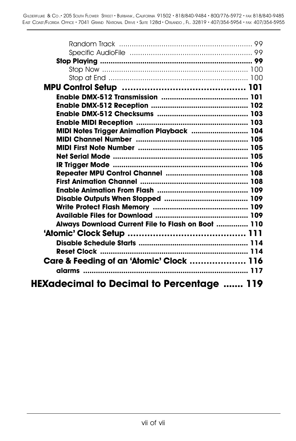 Hexadecimal to decimal to percentage, Mpu control setup, Atomic’ clock setup | Care & feeding of an ‘atomic’ clock, Disable schedule starts reset clock, Alarms, Vii of vii | Gilderfluke&Co Mp3-50 Audio & Show Controllers User Manual | Page 7 / 127