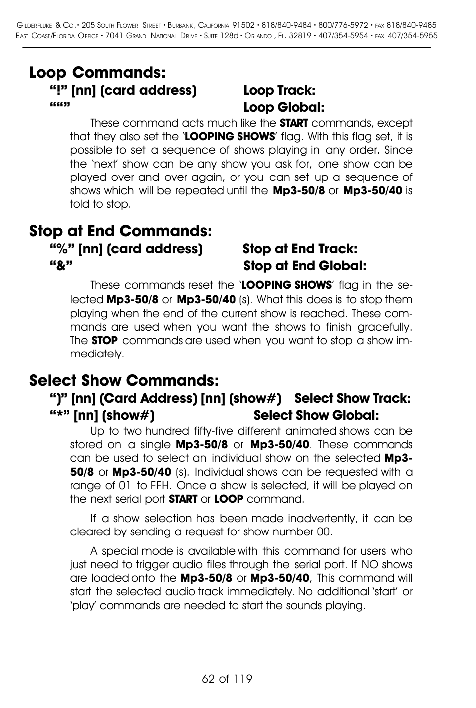 Loop commands, Stop at end commands, Select show commands | Nn] (card address) loop track: ““” loop global | Gilderfluke&Co Mp3-50 Audio & Show Controllers User Manual | Page 70 / 127