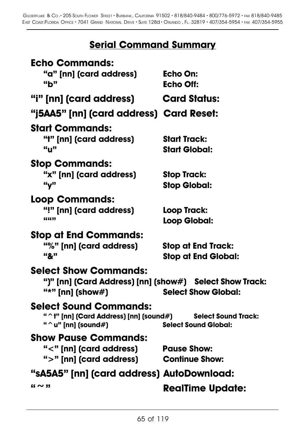 Serial command summary echo commands, Stop commands, Loop commands | Stop at end commands, Select show commands, Select sound commands, Show pause commands, A” [nn] (card address) echo on: “b” echo off, X” [nn] (card address) stop track: “y” stop global, Nn] (card address) loop track: ““” loop global | Gilderfluke&Co Mp3-50 Audio & Show Controllers User Manual | Page 73 / 127
