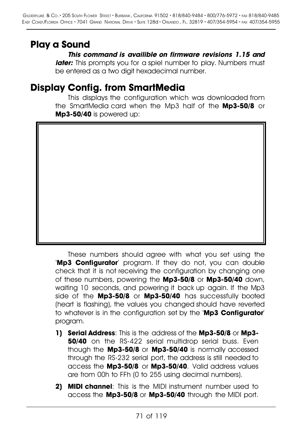 Play a sound, Display config. from smartmedia | Gilderfluke&Co Mp3-50 Audio & Show Controllers User Manual | Page 79 / 127