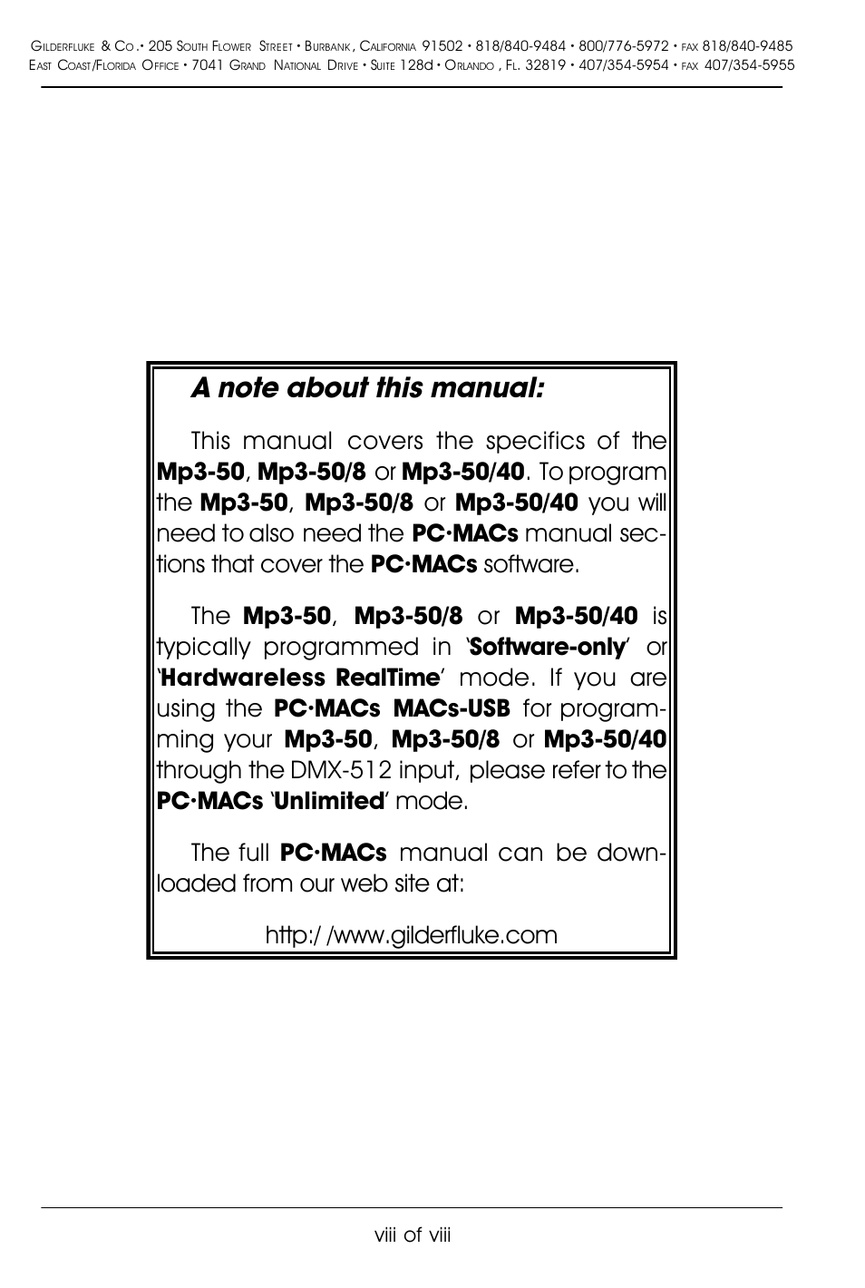 Viii of viii | Gilderfluke&Co Mp3-50 Audio & Show Controllers User Manual | Page 8 / 127