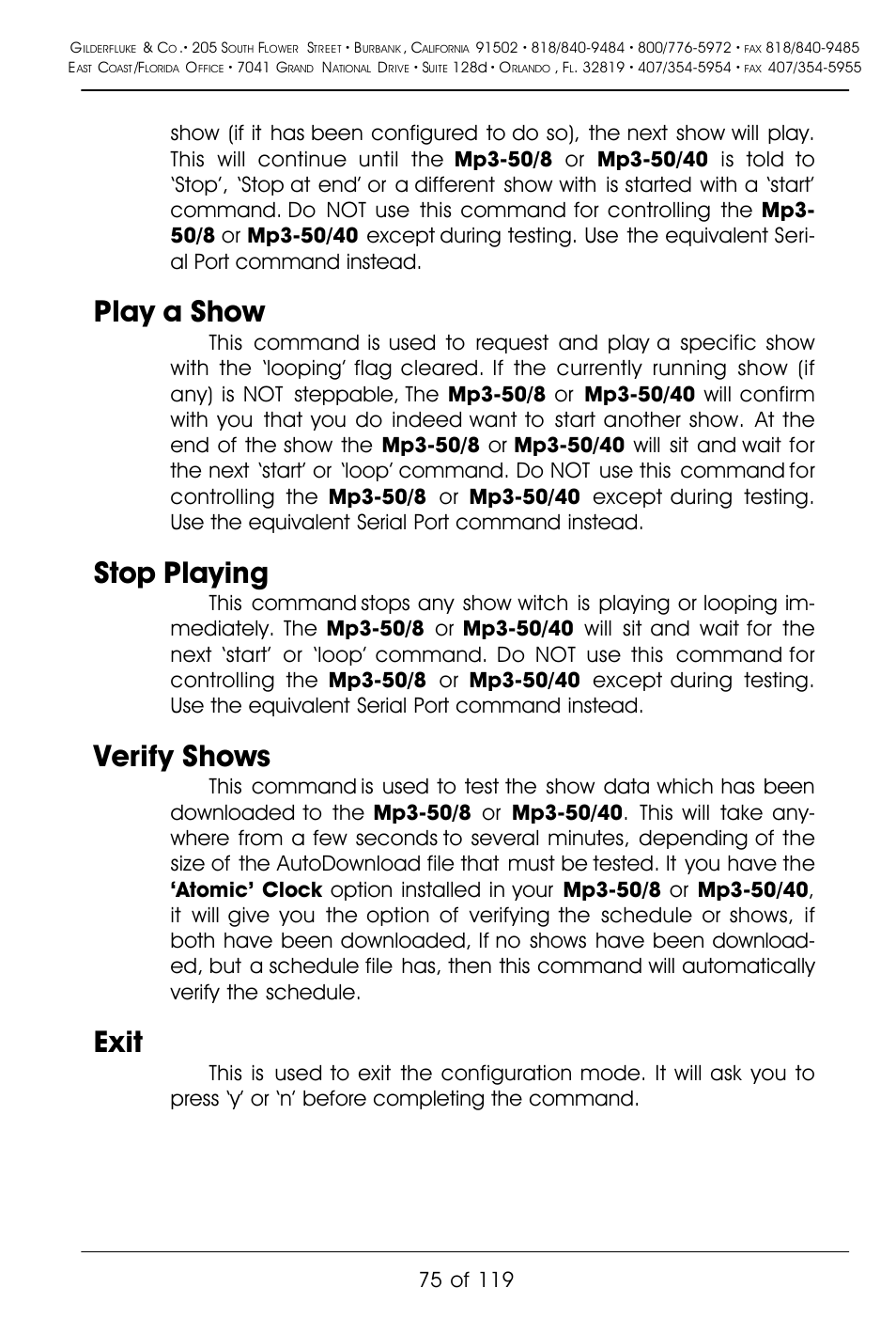 Play a show, Stop playing, Verify shows | Exit | Gilderfluke&Co Mp3-50 Audio & Show Controllers User Manual | Page 83 / 127