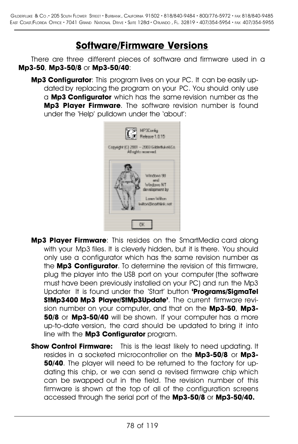 Software/firmware versions | Gilderfluke&Co Mp3-50 Audio & Show Controllers User Manual | Page 86 / 127
