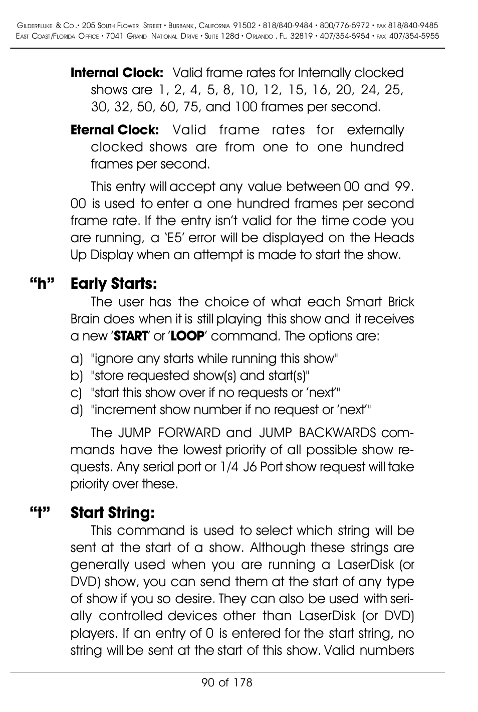 H” early starts, T” start string | Gilderfluke&Co 'Smart' Brick Animation Control System User Manual | Page 100 / 188