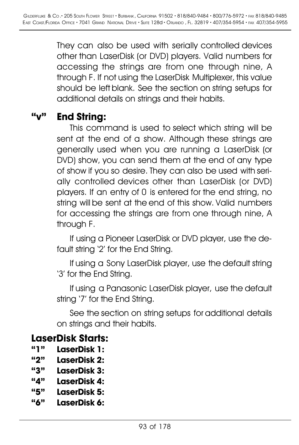 V” end string, Laserdisk starts | Gilderfluke&Co 'Smart' Brick Animation Control System User Manual | Page 103 / 188