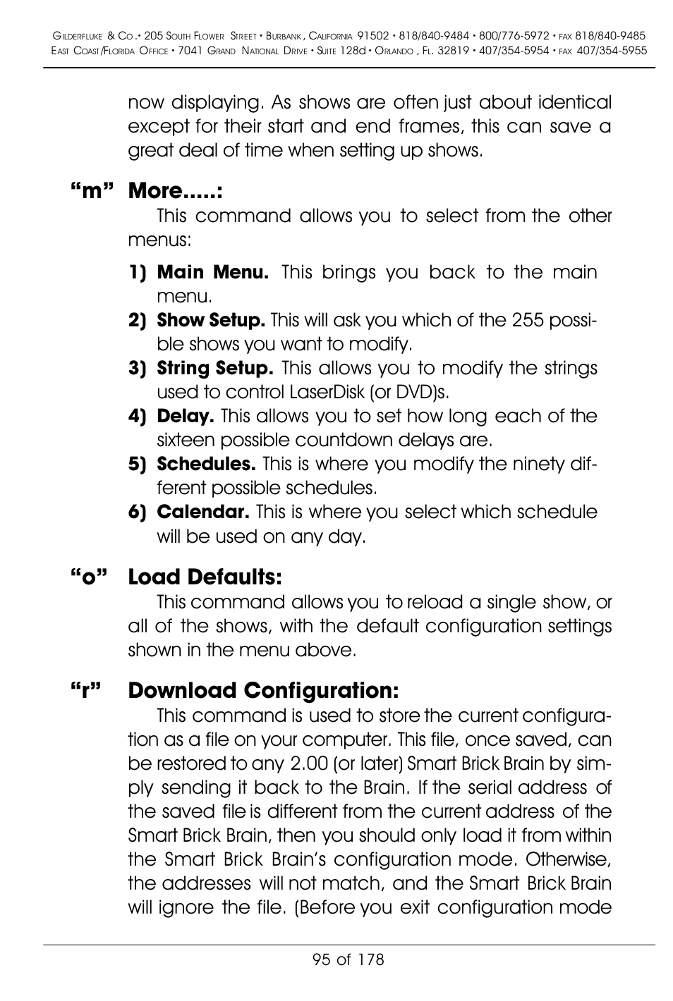 M” more, O” load defaults, R” download configuration | Gilderfluke&Co 'Smart' Brick Animation Control System User Manual | Page 105 / 188