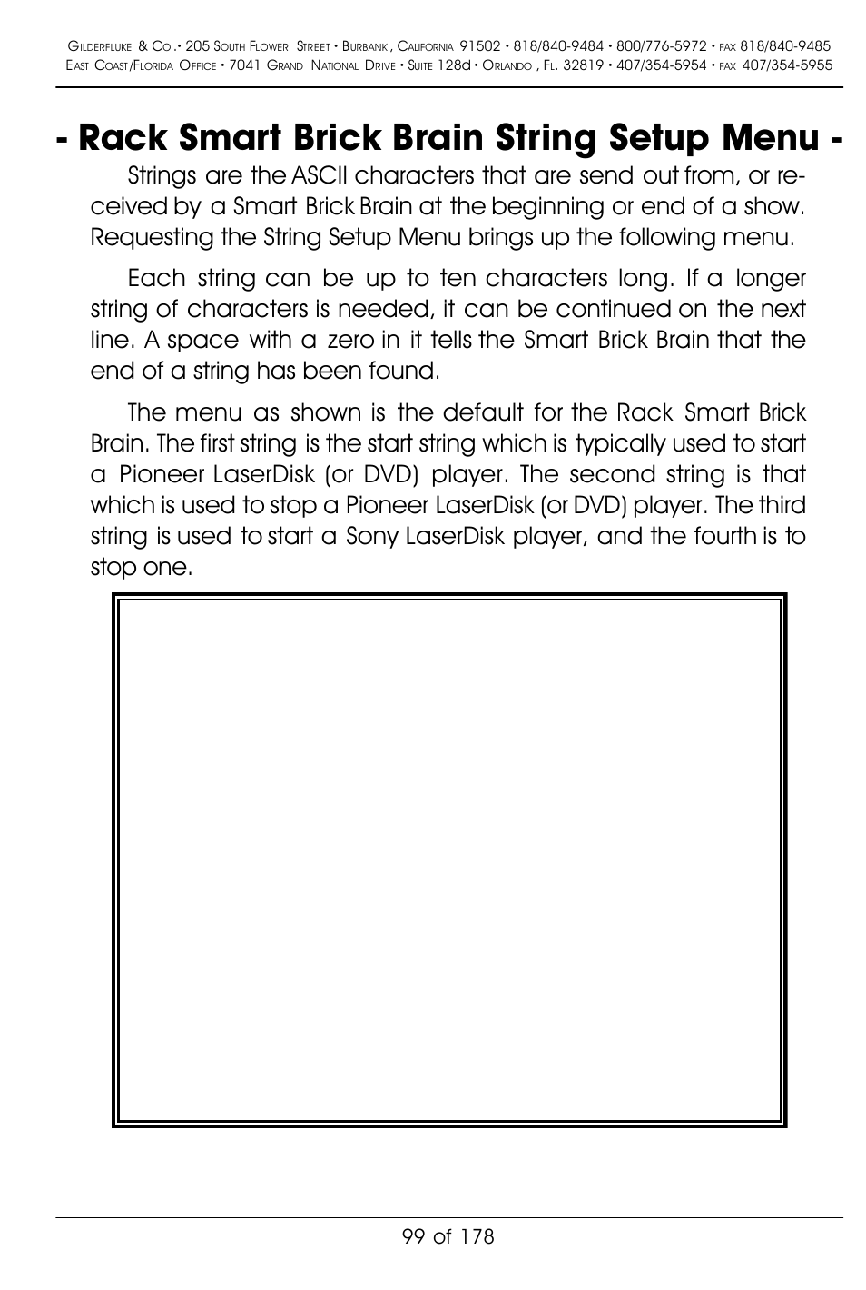 Rack smart brick brain string setup menu | Gilderfluke&Co 'Smart' Brick Animation Control System User Manual | Page 109 / 188