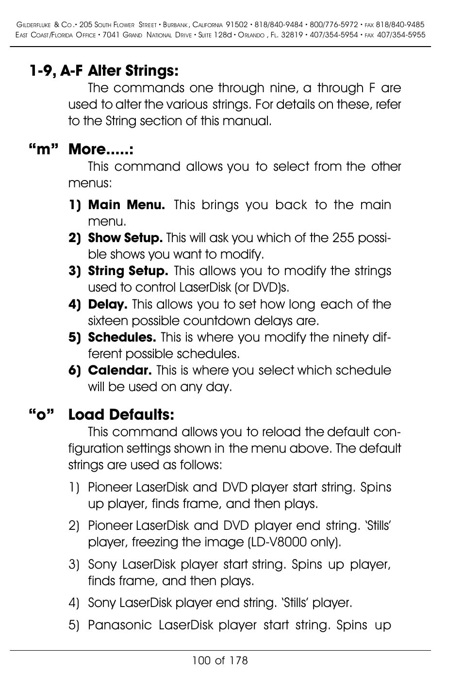 9, a-f alter strings, M” more, O” load defaults | Gilderfluke&Co 'Smart' Brick Animation Control System User Manual | Page 110 / 188