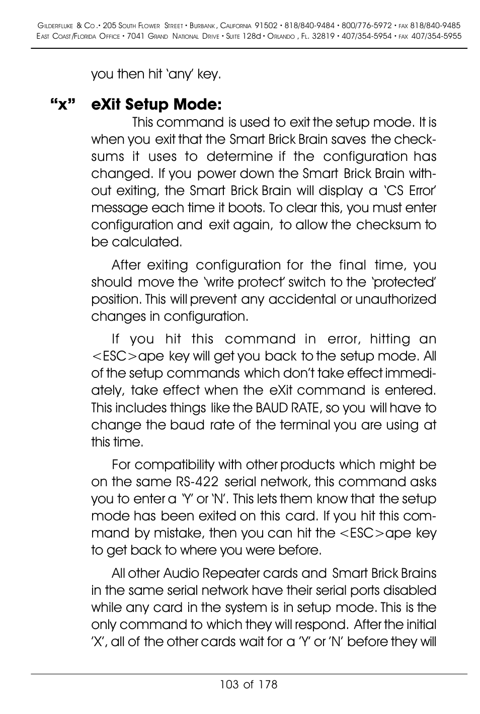 X” exit setup mode, You then hit ‘any’ key | Gilderfluke&Co 'Smart' Brick Animation Control System User Manual | Page 113 / 188