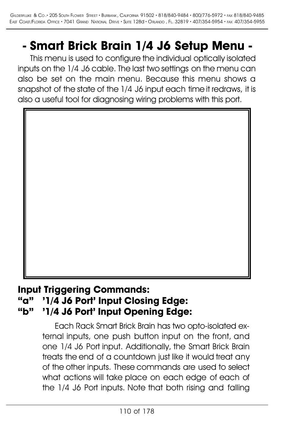 Smart brick brain 1/4 j6 setup menu | Gilderfluke&Co 'Smart' Brick Animation Control System User Manual | Page 120 / 188
