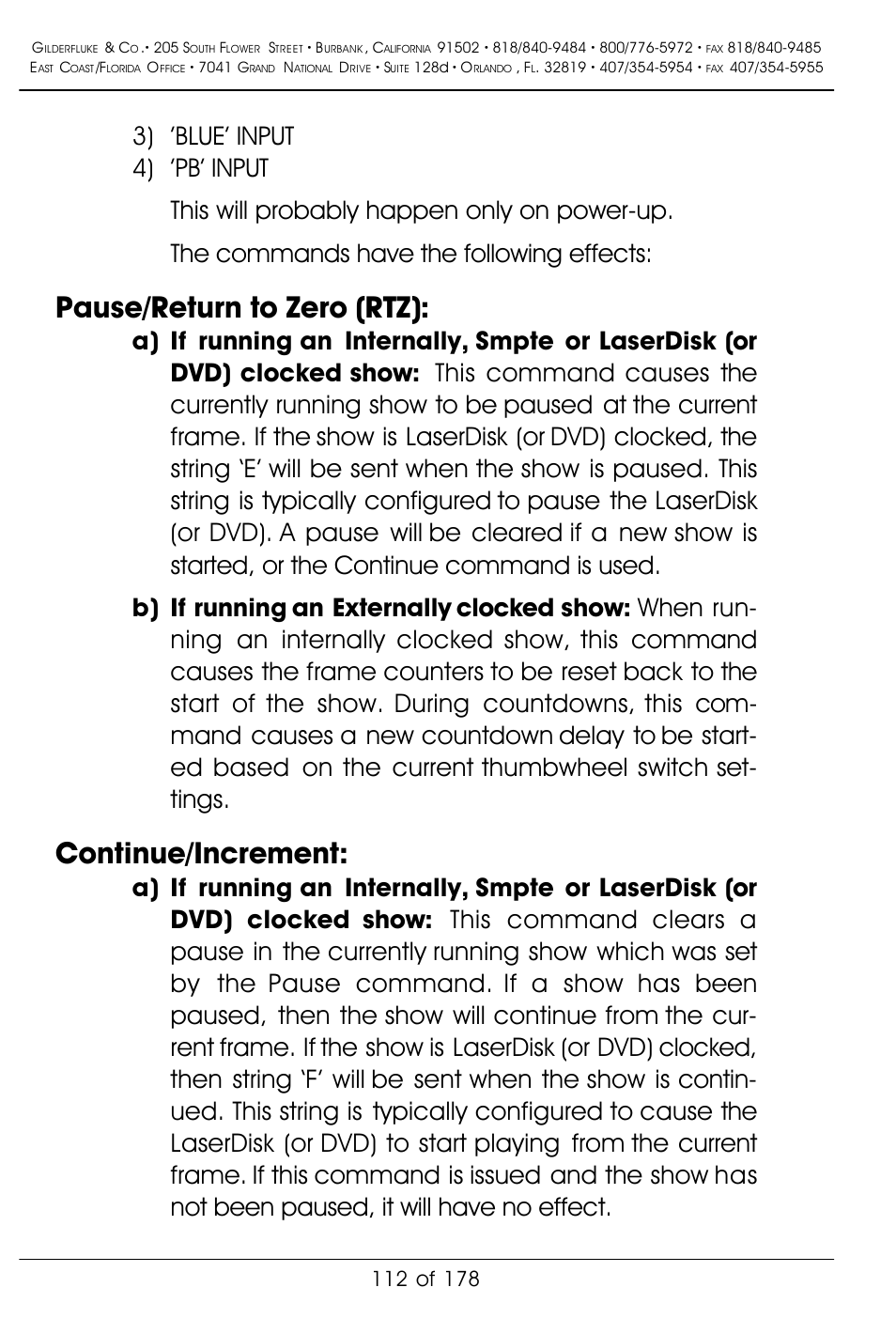 Pause/return to zero (rtz), Continue/increment | Gilderfluke&Co 'Smart' Brick Animation Control System User Manual | Page 122 / 188