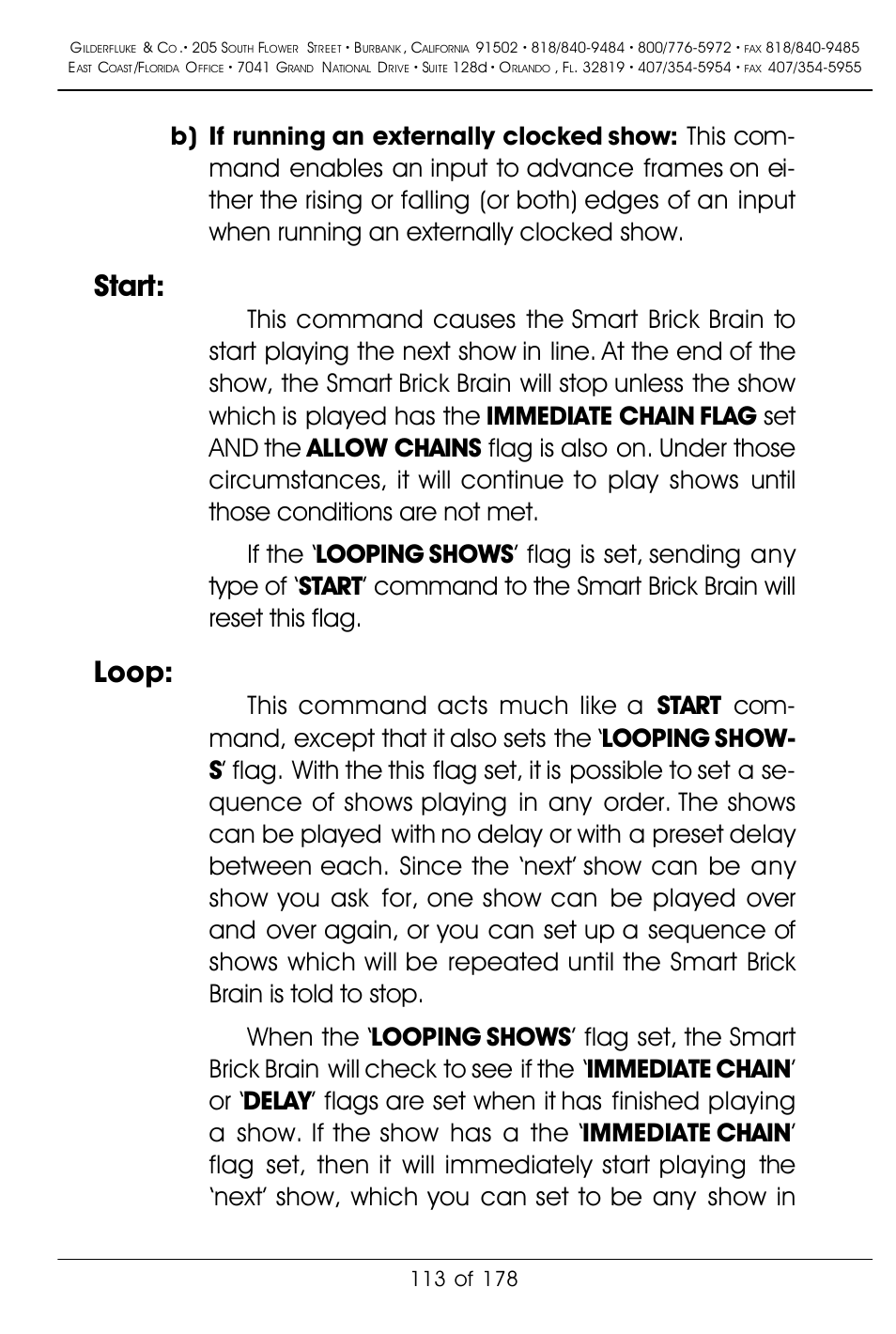 Start, Loop | Gilderfluke&Co 'Smart' Brick Animation Control System User Manual | Page 123 / 188
