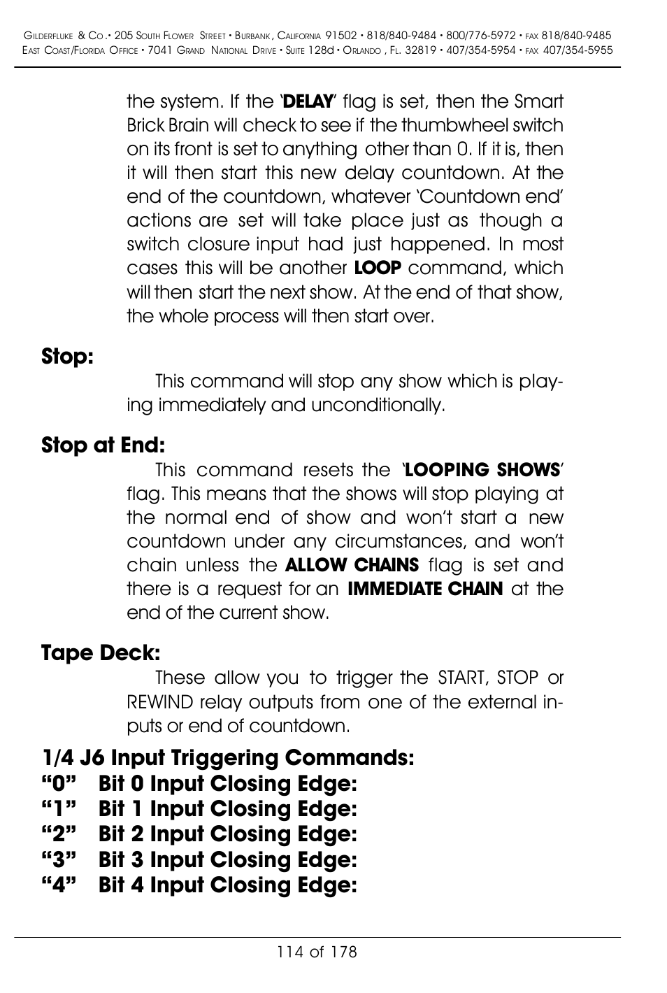 Stop, Stop at end, Tape deck | Gilderfluke&Co 'Smart' Brick Animation Control System User Manual | Page 124 / 188