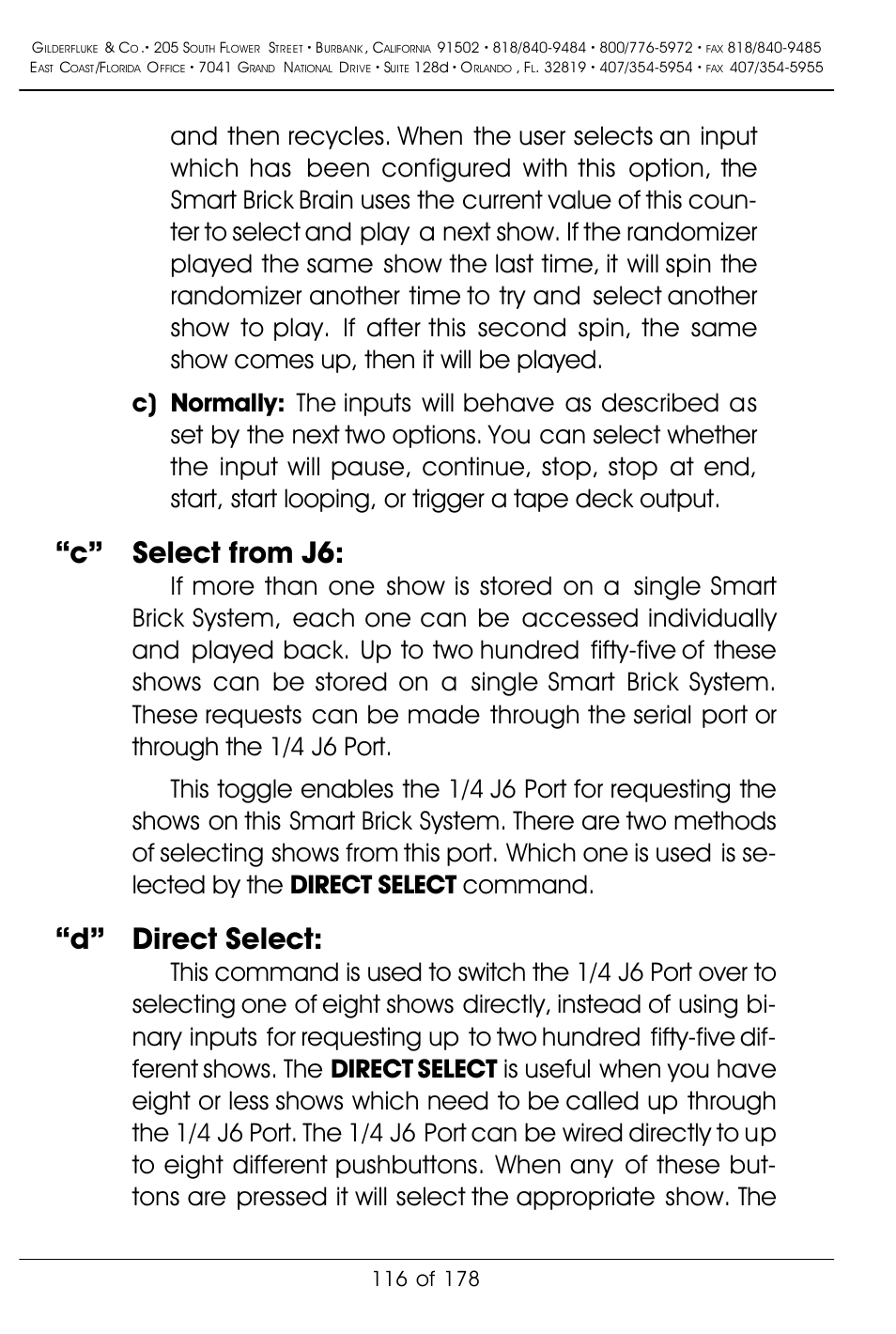 C” select from j6, D” direct select | Gilderfluke&Co 'Smart' Brick Animation Control System User Manual | Page 126 / 188