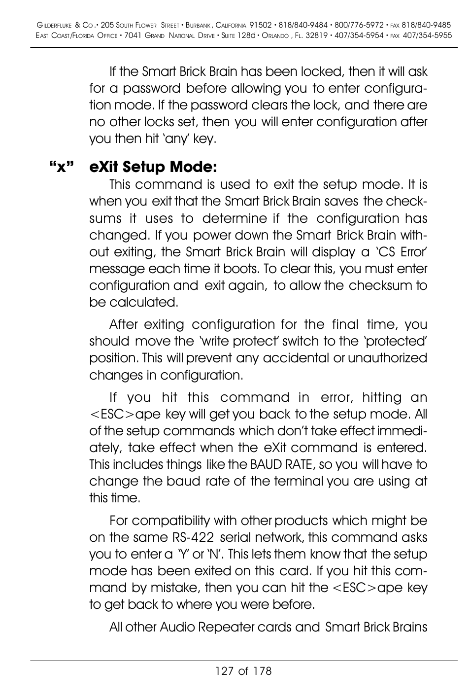 X” exit setup mode | Gilderfluke&Co 'Smart' Brick Animation Control System User Manual | Page 137 / 188