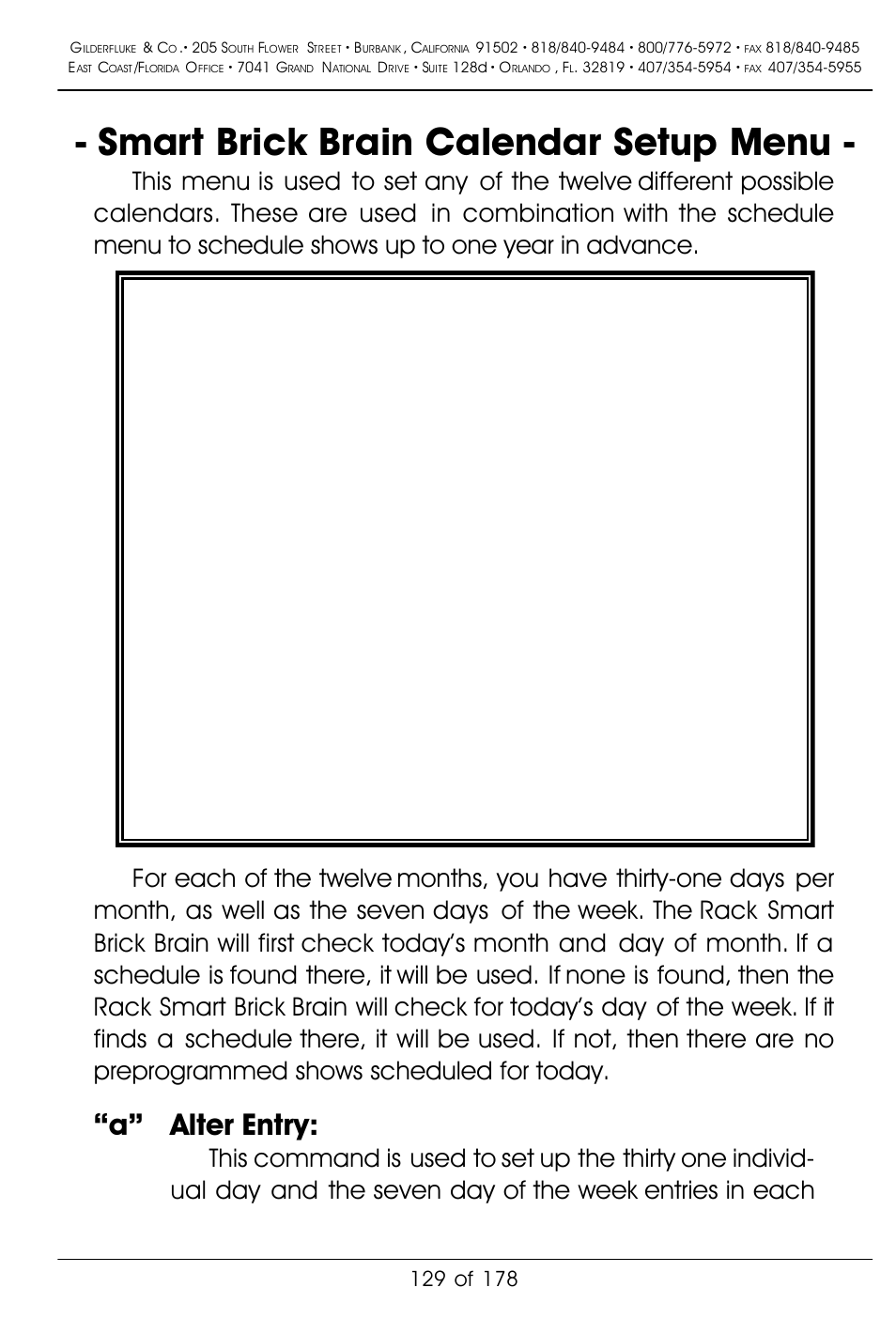 Smart brick brain calendar setup menu, A” alter entry | Gilderfluke&Co 'Smart' Brick Animation Control System User Manual | Page 139 / 188