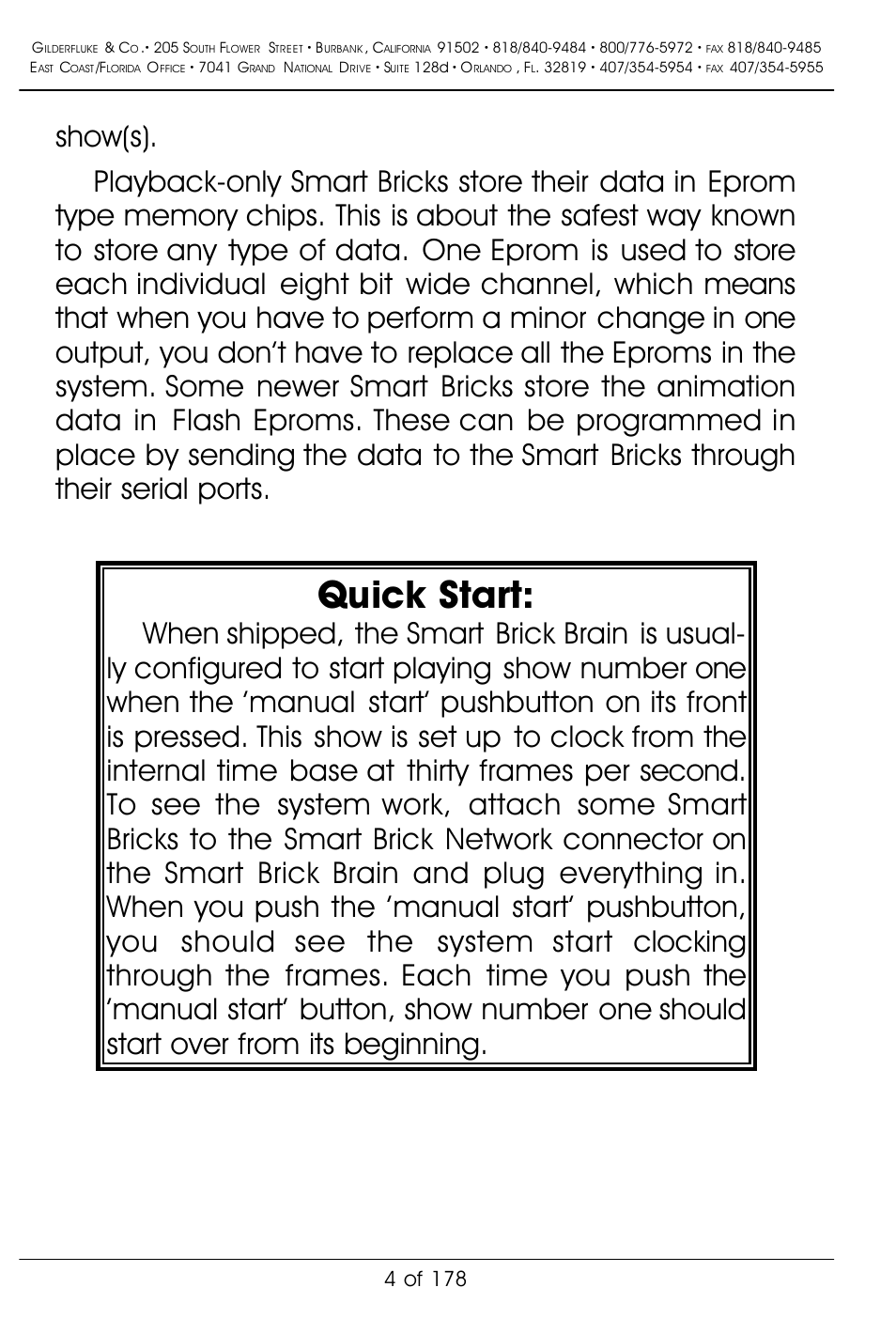 Quick start | Gilderfluke&Co 'Smart' Brick Animation Control System User Manual | Page 14 / 188