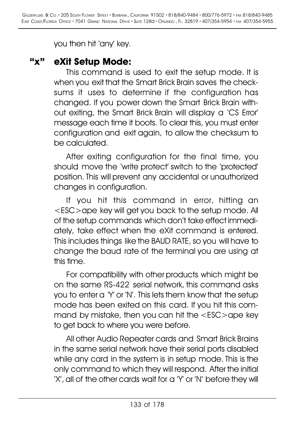 X” exit setup mode, You then hit ‘any’ key | Gilderfluke&Co 'Smart' Brick Animation Control System User Manual | Page 143 / 188