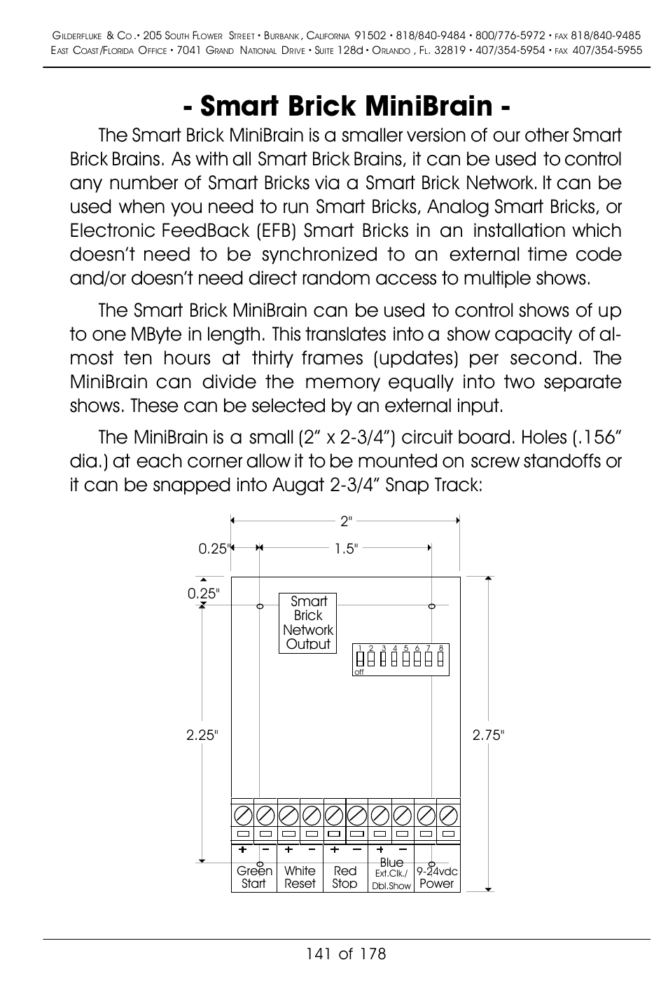 Smart brick minibrain, Smart brick network output dipswitch | Gilderfluke&Co 'Smart' Brick Animation Control System User Manual | Page 151 / 188