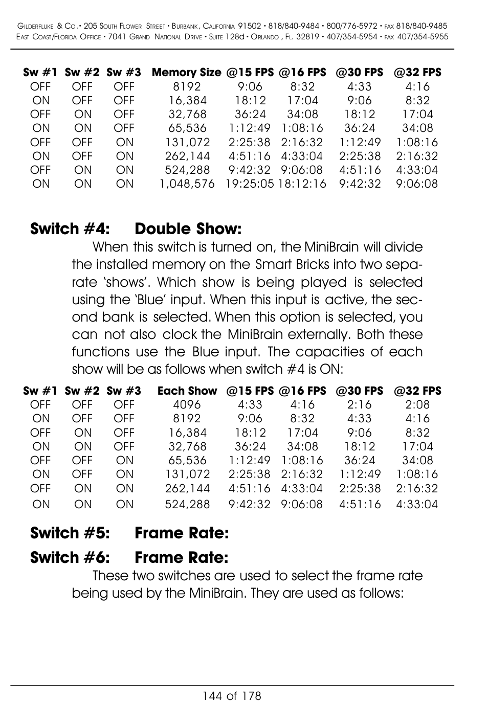 Switch #4: double show, Switch #5: frame rate: switch #6: frame rate | Gilderfluke&Co 'Smart' Brick Animation Control System User Manual | Page 154 / 188