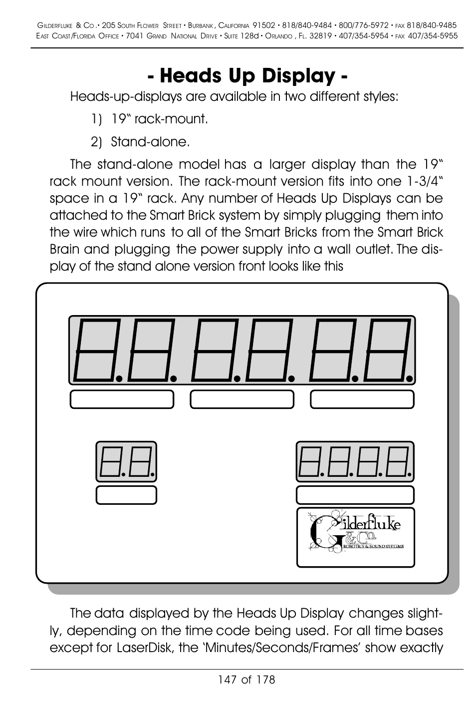 Heads up display, Minutes, Seconds | Frames, Hours, Heads up display brick frame | Gilderfluke&Co 'Smart' Brick Animation Control System User Manual | Page 157 / 188
