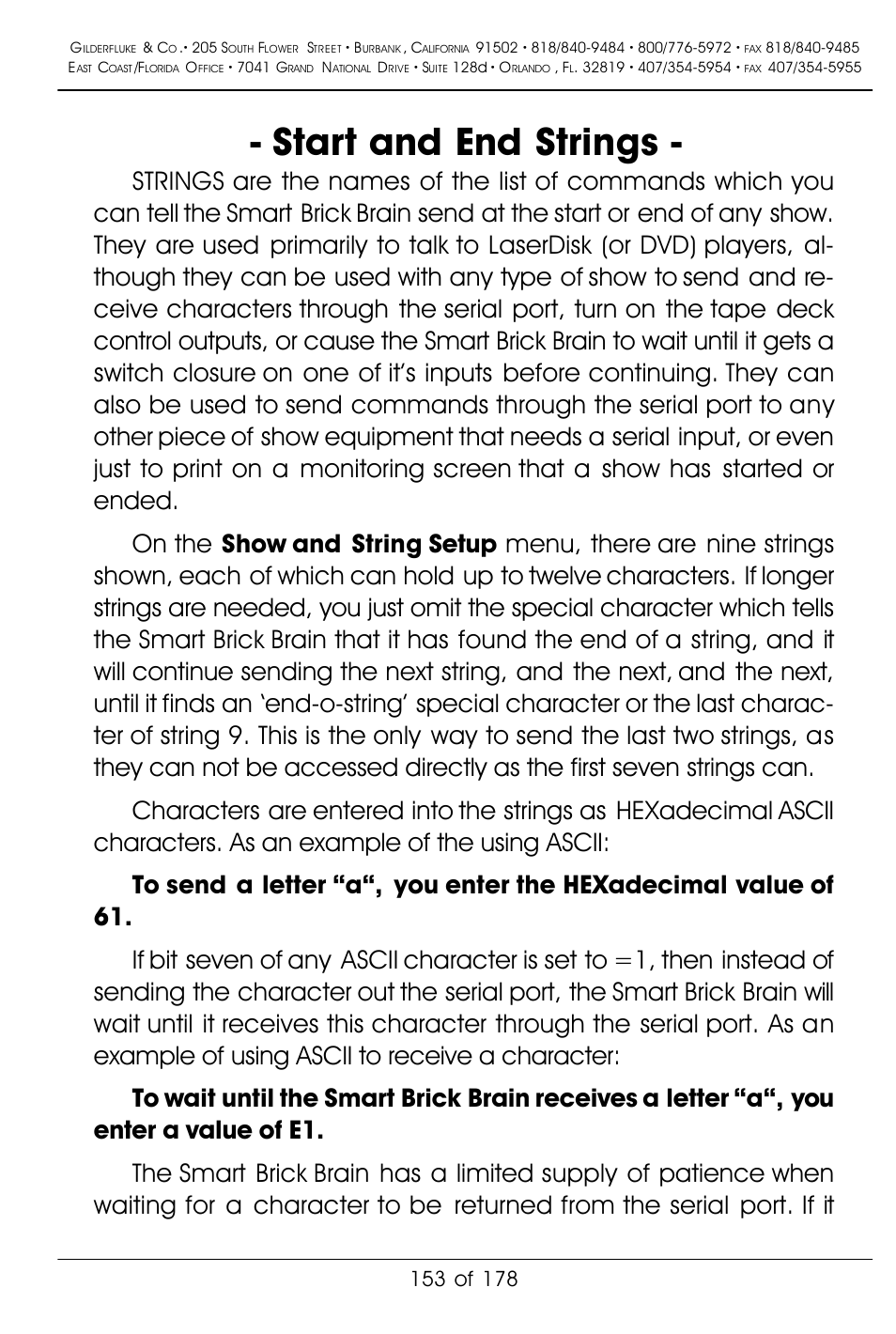 Start and end strings | Gilderfluke&Co 'Smart' Brick Animation Control System User Manual | Page 163 / 188
