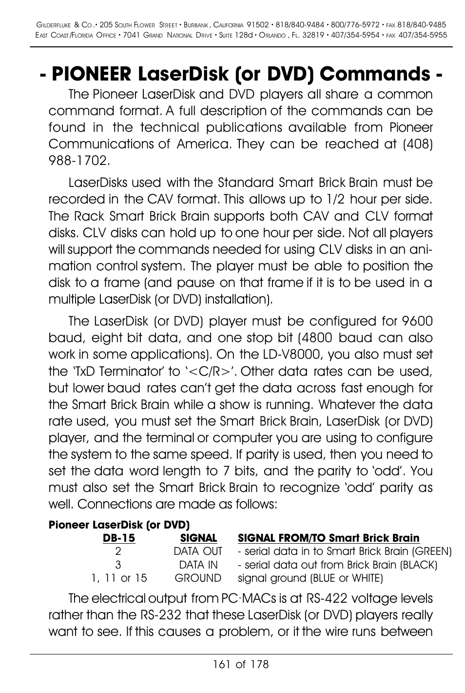 Pioneer laserdisk (or dvd) commands | Gilderfluke&Co 'Smart' Brick Animation Control System User Manual | Page 171 / 188