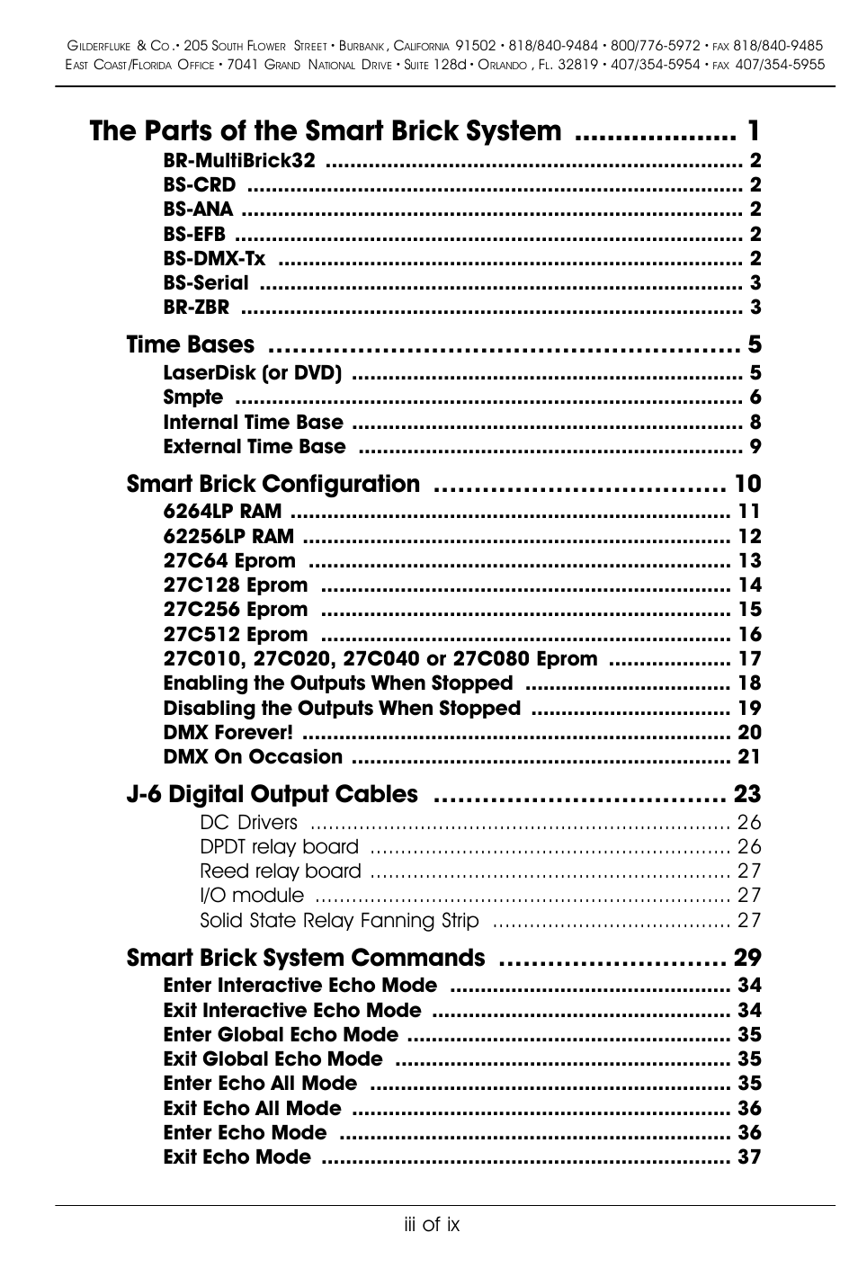 The parts of the smart brick system, Time bases, Smart brick configuration | J-6 digital output cables, Smart brick system commands, Iii of ix | Gilderfluke&Co 'Smart' Brick Animation Control System User Manual | Page 3 / 188