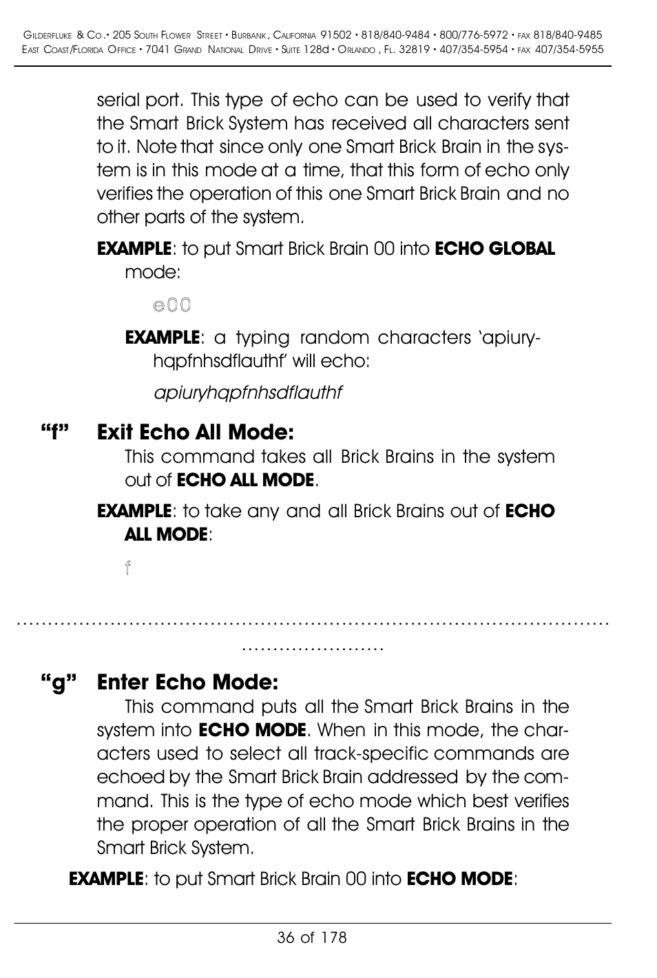 F” exit echo all mode, G” enter echo mode | Gilderfluke&Co 'Smart' Brick Animation Control System User Manual | Page 46 / 188