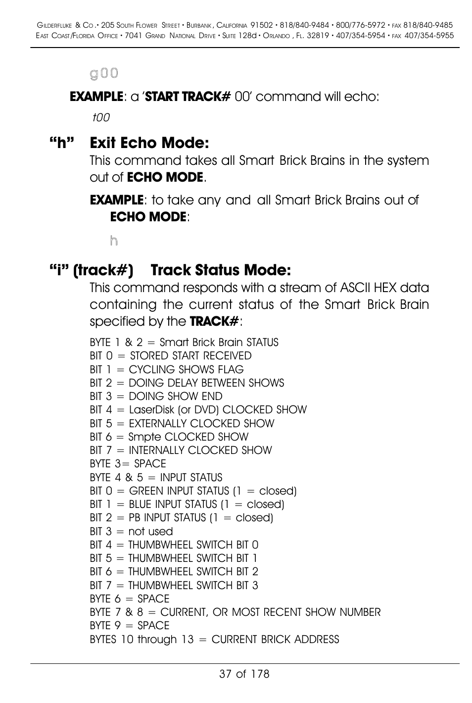 H” exit echo mode, I” (track#) track status mode | Gilderfluke&Co 'Smart' Brick Animation Control System User Manual | Page 47 / 188