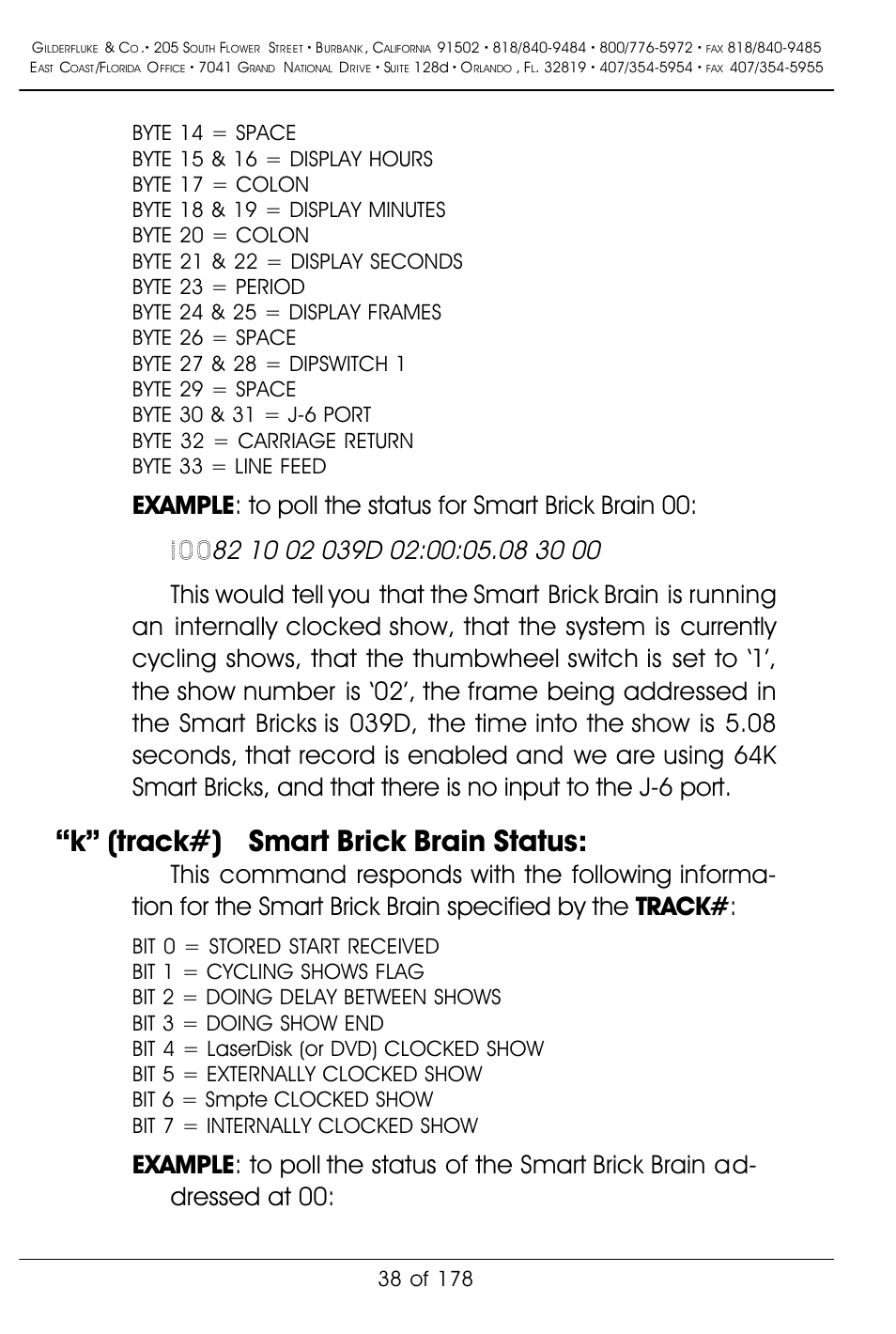 K” (track#) smart brick brain status | Gilderfluke&Co 'Smart' Brick Animation Control System User Manual | Page 48 / 188