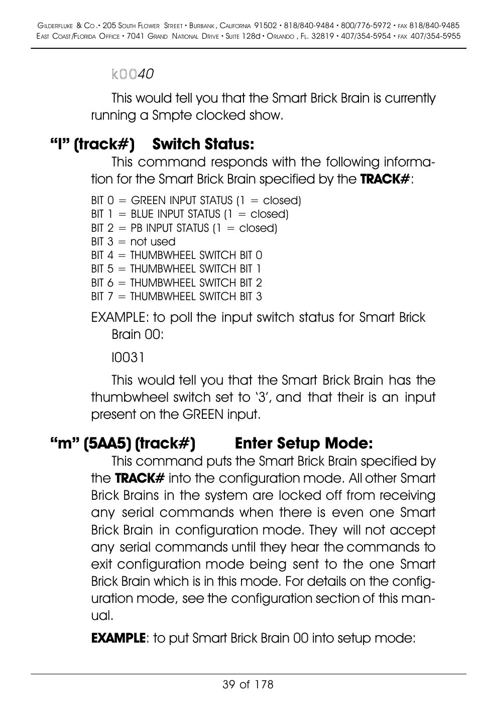 L” (track#) switch status, M” (5aa5) (track#) enter setup mode | Gilderfluke&Co 'Smart' Brick Animation Control System User Manual | Page 49 / 188