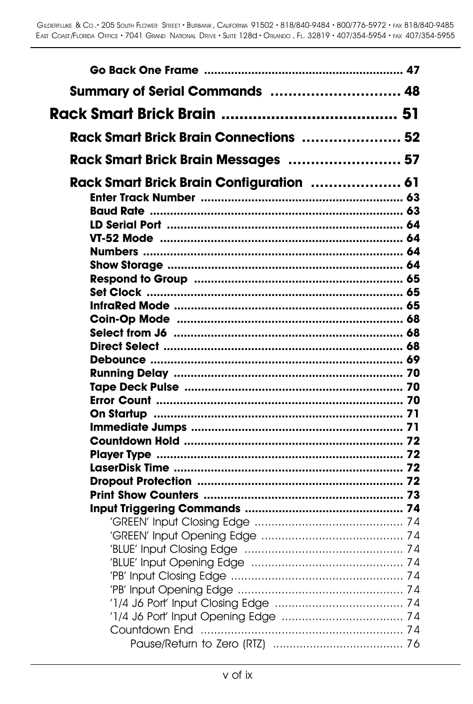 Rack smart brick brain, Summary of serial commands, Go back one frame | V of ix | Gilderfluke&Co 'Smart' Brick Animation Control System User Manual | Page 5 / 188