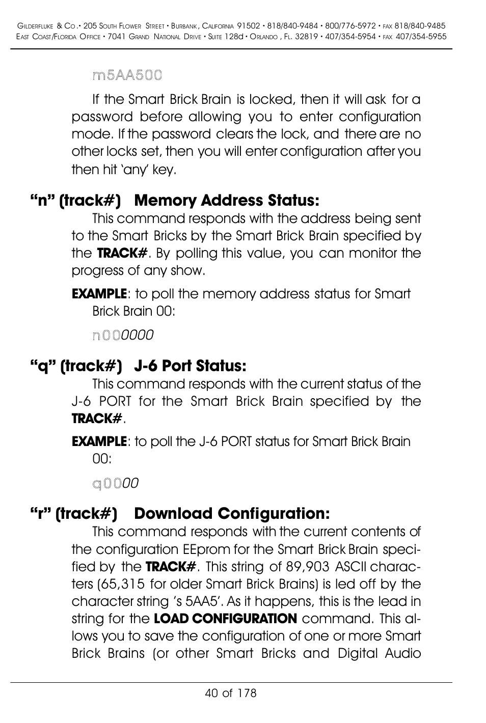 Q” (track#) j-6 port status, R” (track#) download configuration | Gilderfluke&Co 'Smart' Brick Animation Control System User Manual | Page 50 / 188