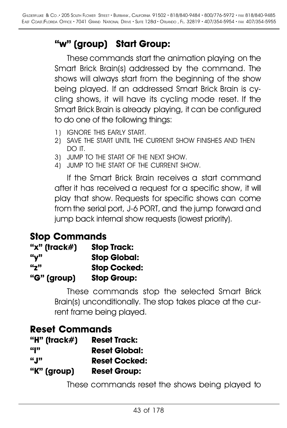 W” (group) start group, Stop commands, Reset commands | Gilderfluke&Co 'Smart' Brick Animation Control System User Manual | Page 53 / 188