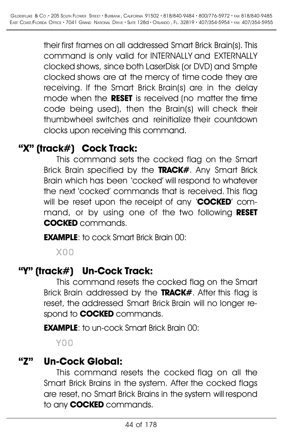 X” (track#) cock track, Y” (track#) un-cock track, Z” un-cock global | Gilderfluke&Co 'Smart' Brick Animation Control System User Manual | Page 54 / 188