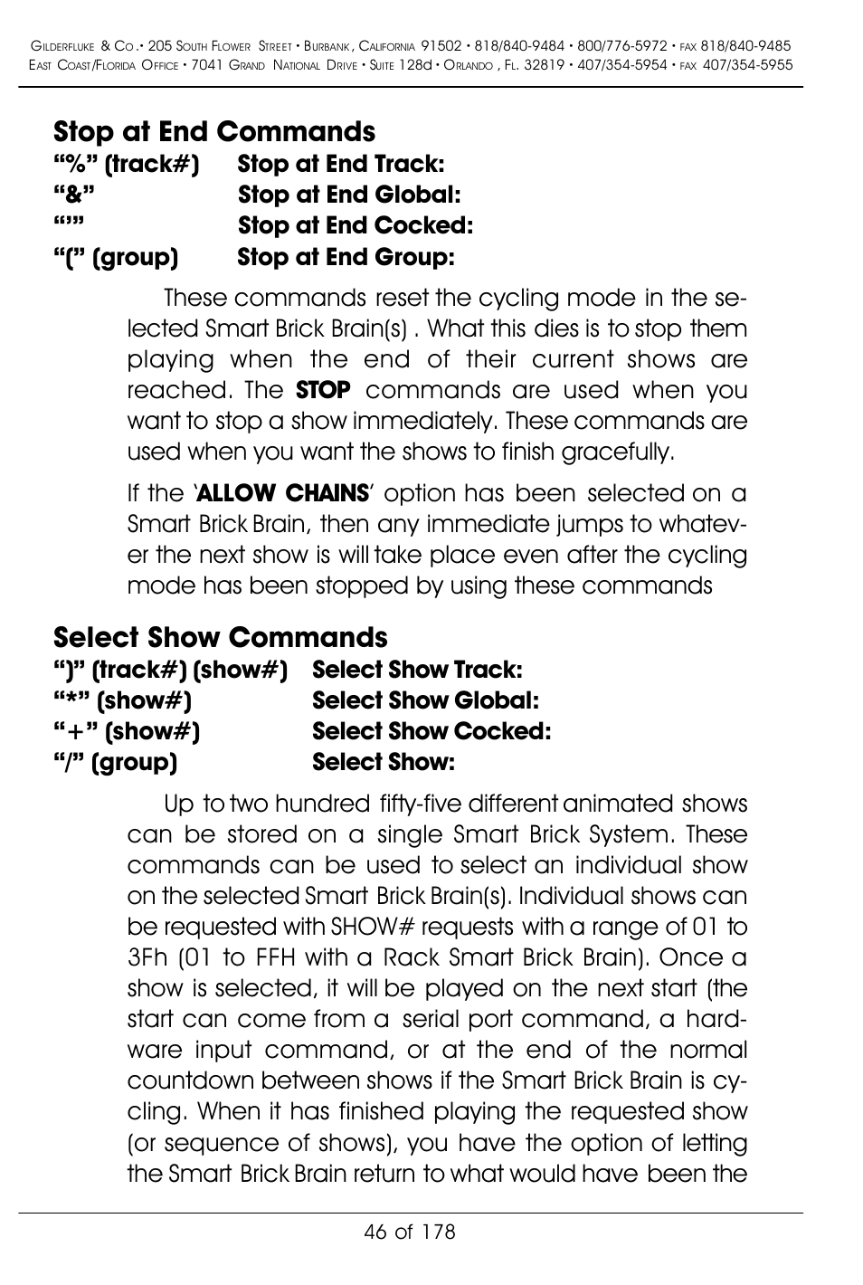 Stop at end commands, Select show commands | Gilderfluke&Co 'Smart' Brick Animation Control System User Manual | Page 56 / 188