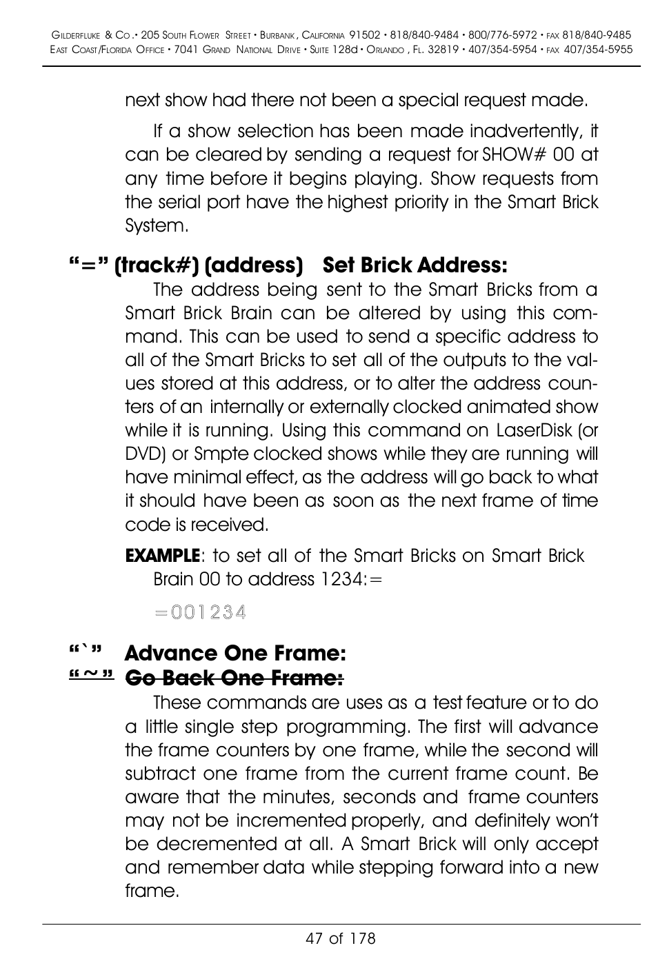 Track#) (address) set brick address, Advance one frame: “~” go back one frame | Gilderfluke&Co 'Smart' Brick Animation Control System User Manual | Page 57 / 188