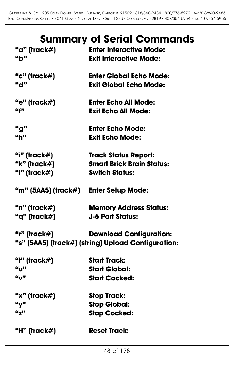 Summary of serial commands | Gilderfluke&Co 'Smart' Brick Animation Control System User Manual | Page 58 / 188