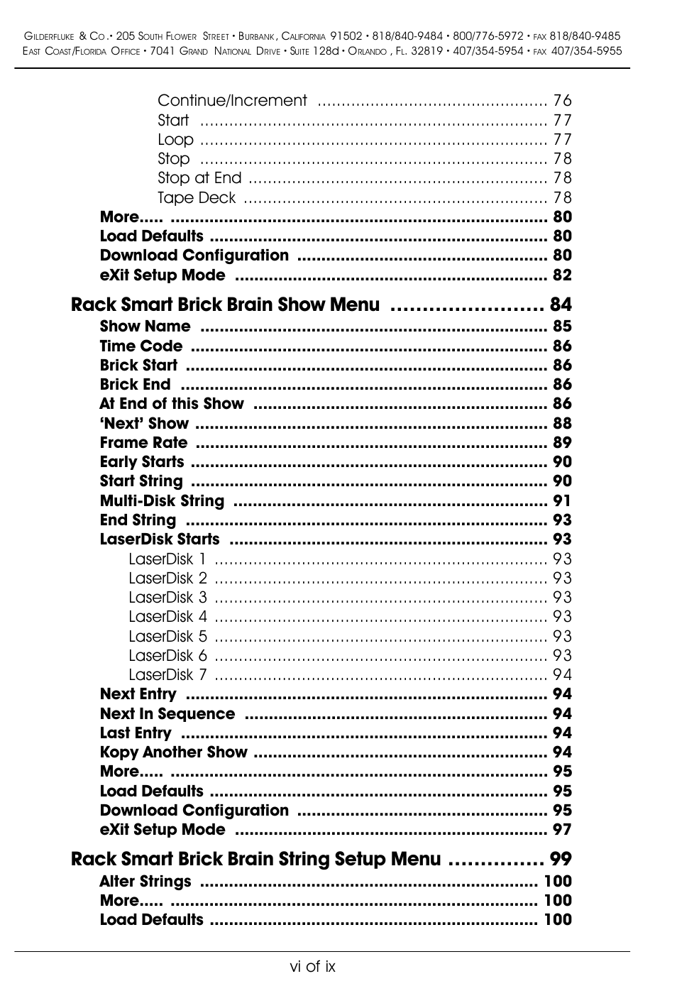 Rack smart brick brain show menu, Rack smart brick brain string setup menu, Alter strings more load defaults | Vi of ix | Gilderfluke&Co 'Smart' Brick Animation Control System User Manual | Page 6 / 188