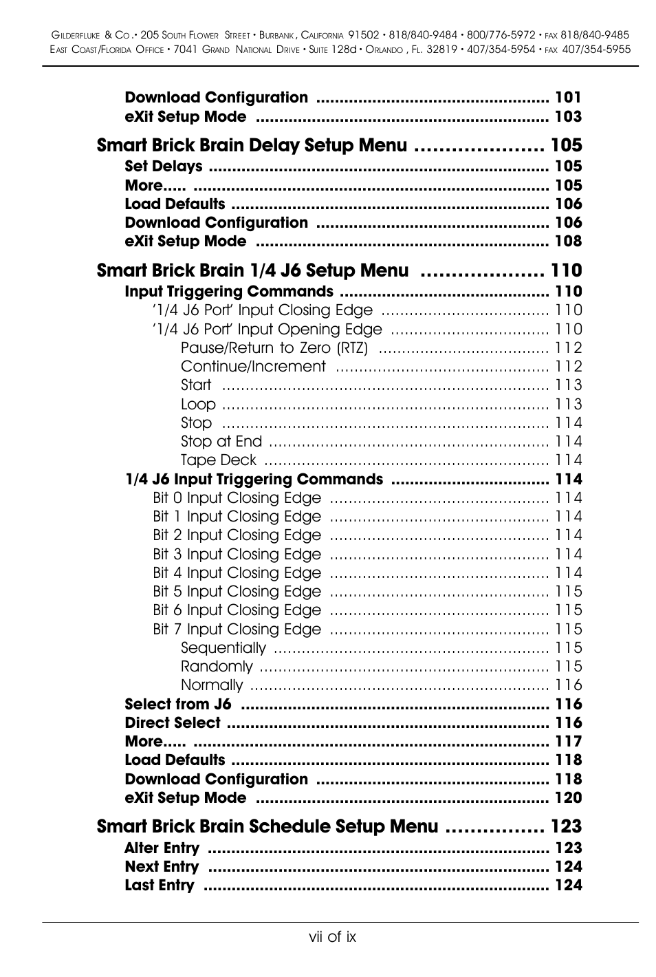 Smart brick brain delay setup menu, Smart brick brain 1/4 j6 setup menu, Smart brick brain schedule setup menu | Download configuration exit setup mode, Alter entry next entry last entry, Vii of ix | Gilderfluke&Co 'Smart' Brick Animation Control System User Manual | Page 7 / 188