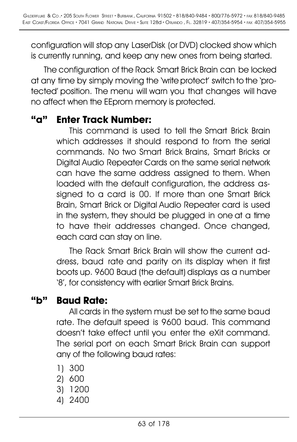 A” enter track number, B” baud rate | Gilderfluke&Co 'Smart' Brick Animation Control System User Manual | Page 73 / 188