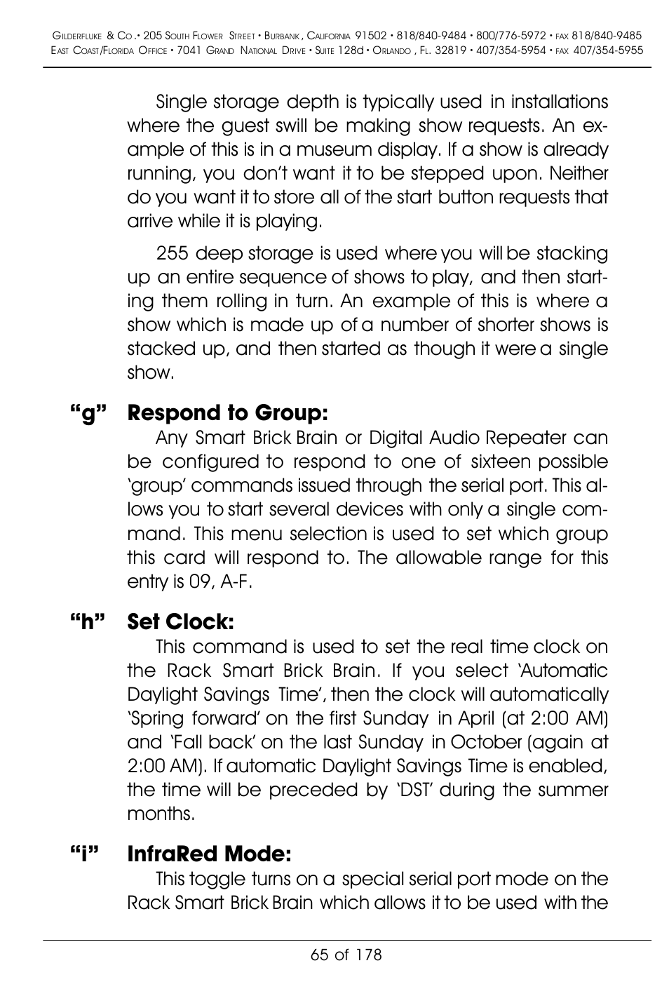 G” respond to group, H” set clock, I” infrared mode | Gilderfluke&Co 'Smart' Brick Animation Control System User Manual | Page 75 / 188