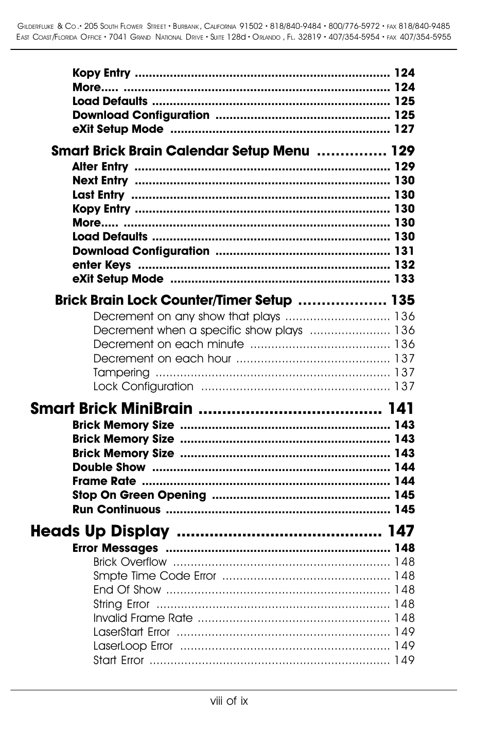 Smart brick minibrain, Heads up display, Smart brick brain calendar setup menu | Brick brain lock counter/timer setup, Viii of ix | Gilderfluke&Co 'Smart' Brick Animation Control System User Manual | Page 8 / 188