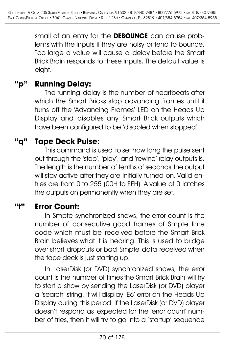 P” running delay, Q” tape deck pulse, T” error count | Gilderfluke&Co 'Smart' Brick Animation Control System User Manual | Page 80 / 188