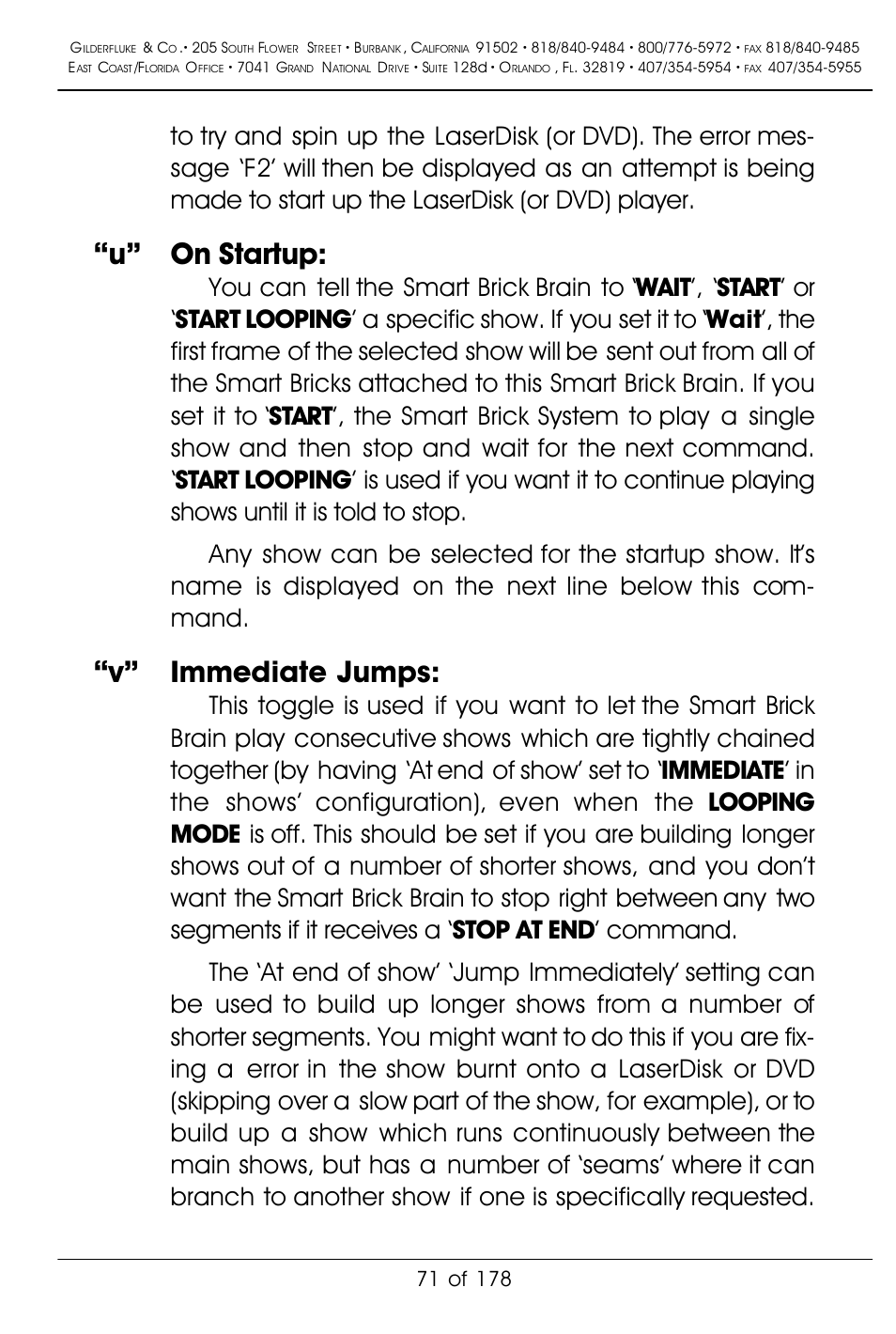 U” on startup, V” immediate jumps | Gilderfluke&Co 'Smart' Brick Animation Control System User Manual | Page 81 / 188