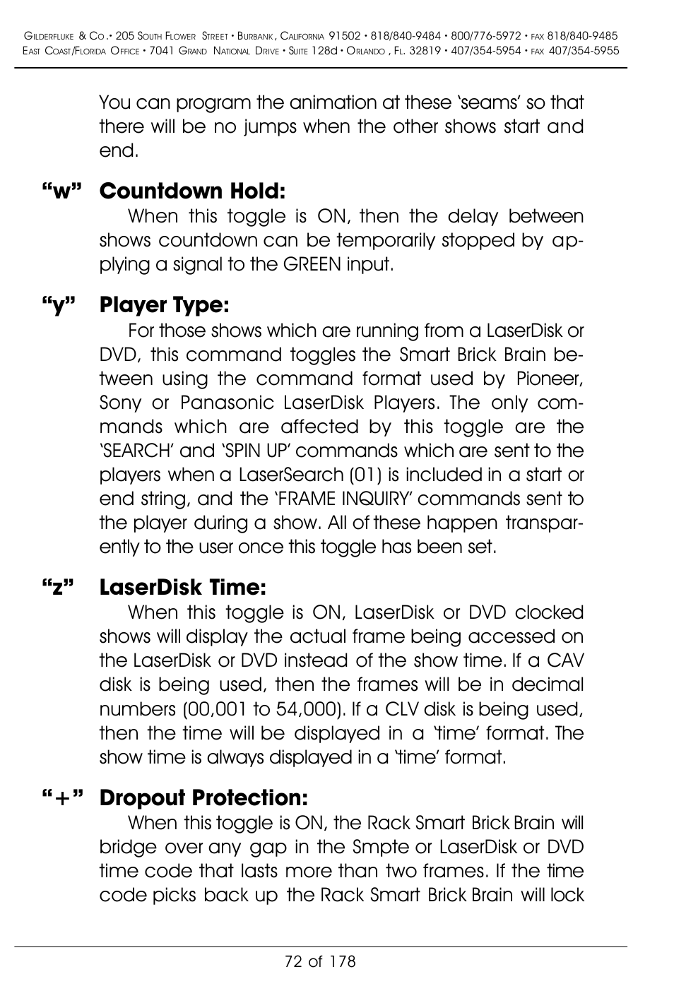 W” countdown hold, Y” player type, Z” laserdisk time | Dropout protection | Gilderfluke&Co 'Smart' Brick Animation Control System User Manual | Page 82 / 188