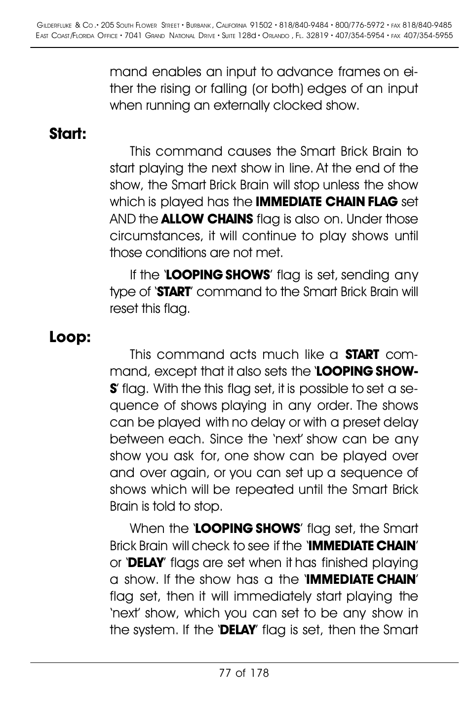 Start, Loop | Gilderfluke&Co 'Smart' Brick Animation Control System User Manual | Page 87 / 188