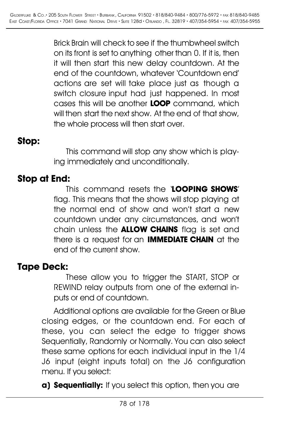 Stop, Stop at end, Tape deck | Gilderfluke&Co 'Smart' Brick Animation Control System User Manual | Page 88 / 188